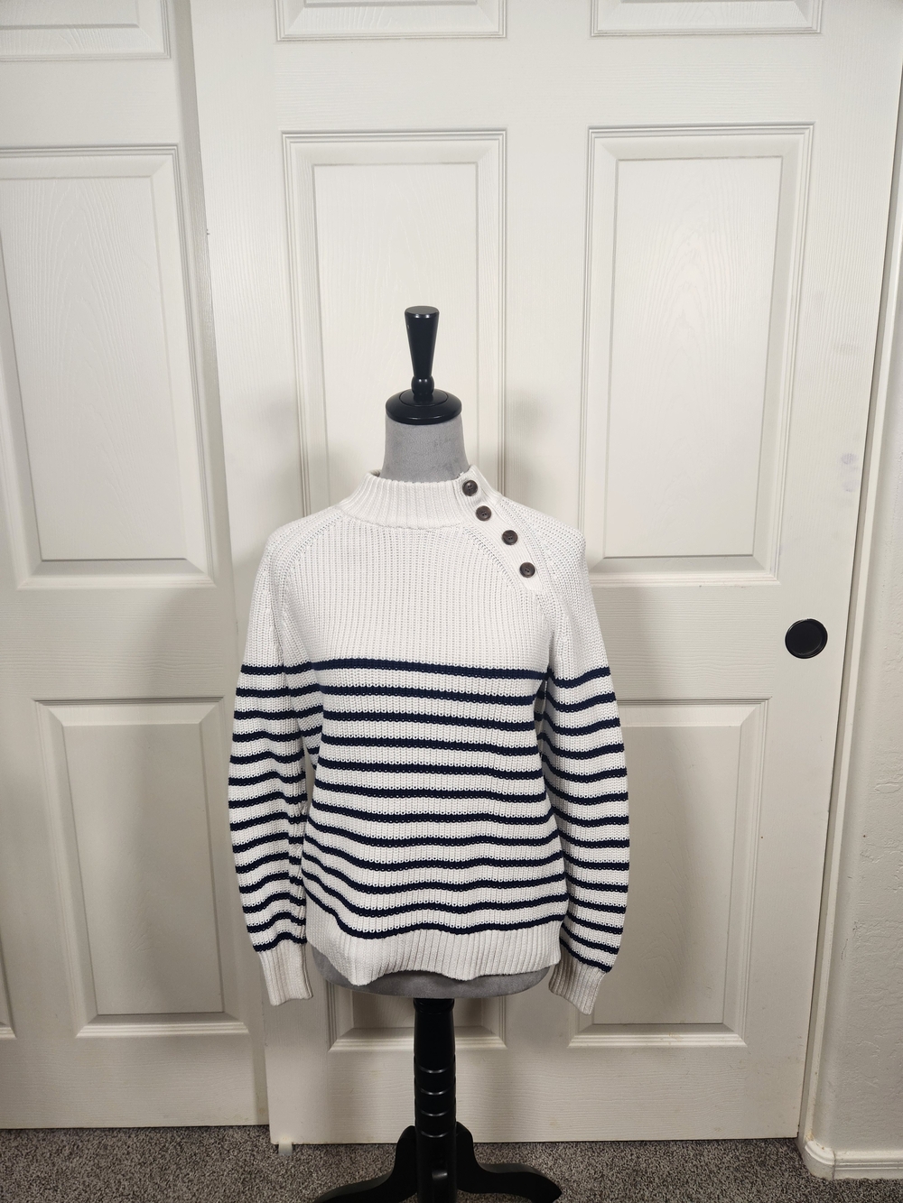 J. Crew White and Navy Striped Crewneck Sweater with Shoulder Buttons